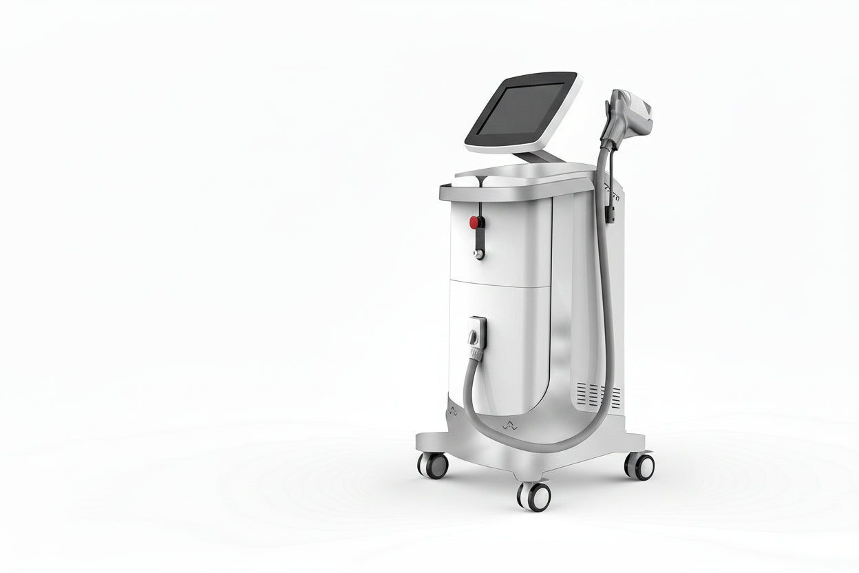 Medical device on wheels with a screen and handle on a white background